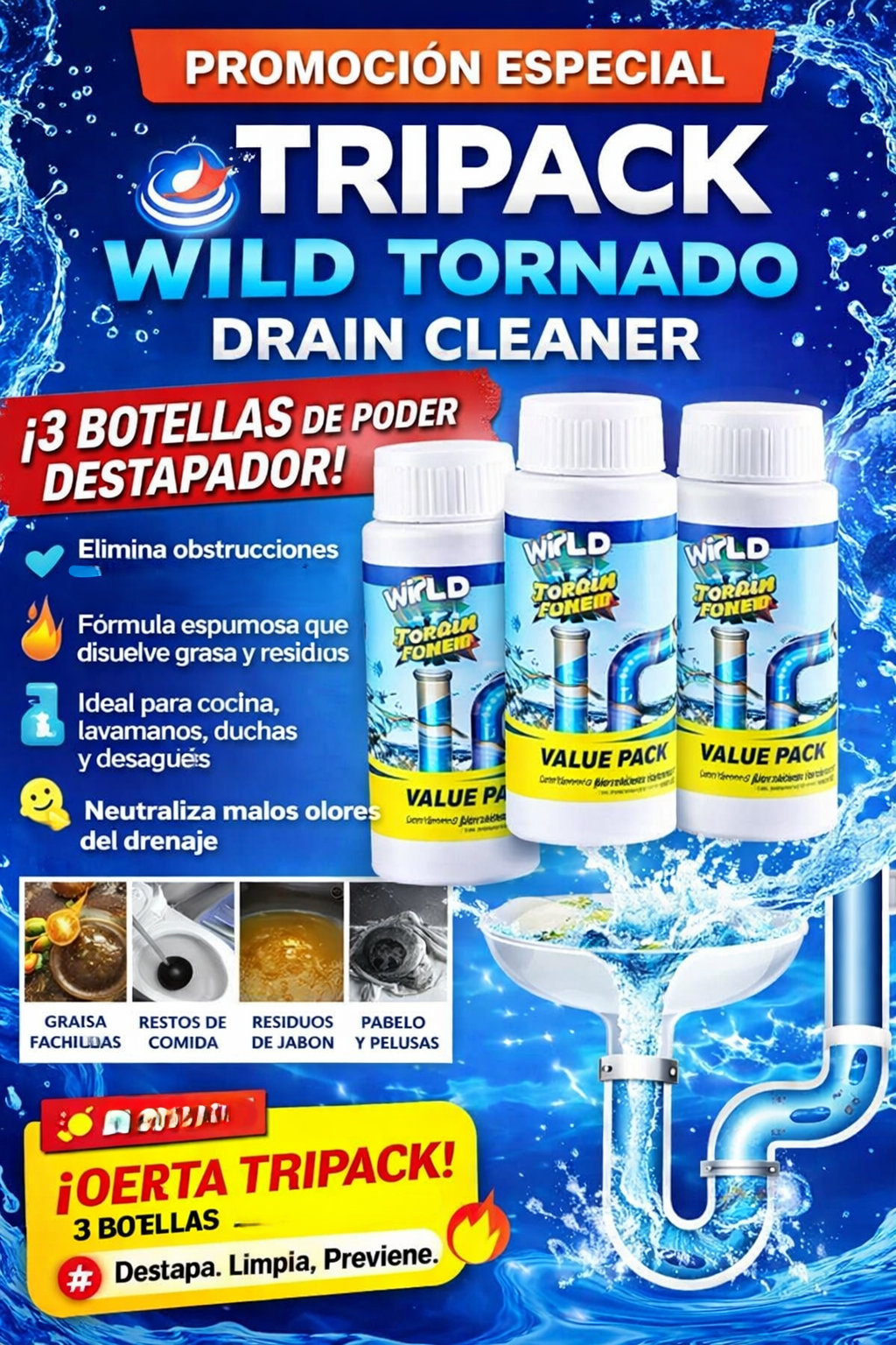 Polvo Limpiador De Drenajes TRIPACK